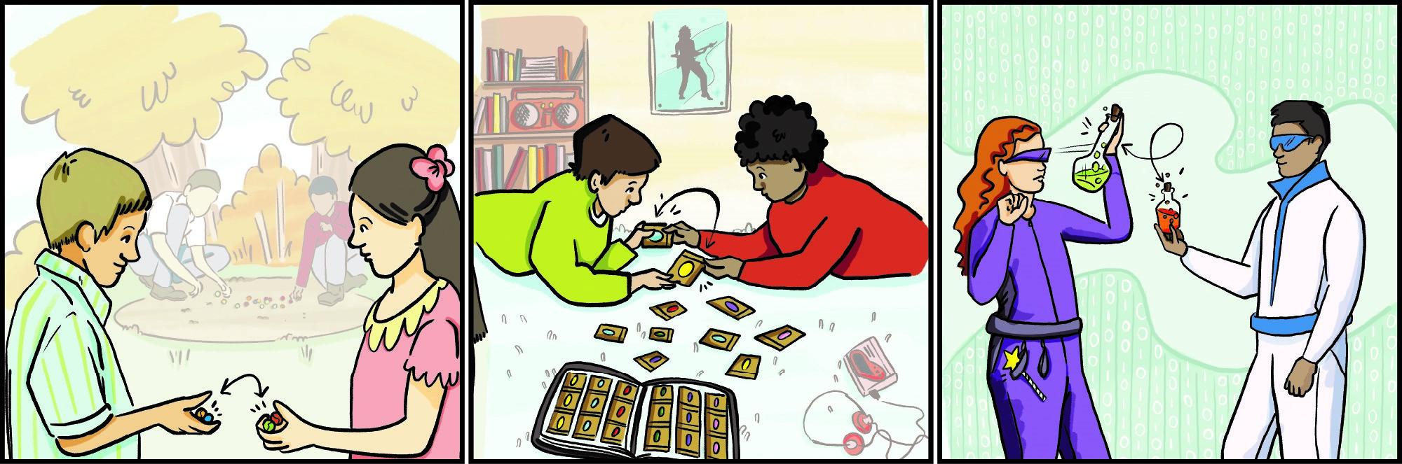 Bande dessinée en trois cases : des enfants dans un parc échangent des billes; des enfants dans une chambre échangent des cartes; des enfants échangent virtuellement des objets de valeur dans un jeu en ligne.