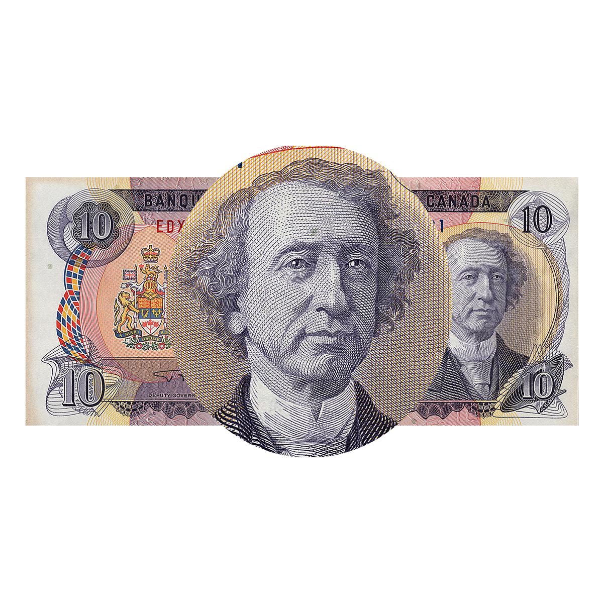 Portrait sur un billet de banque d’un homme d’âge moyen aux cheveux bouclés portant un col montant.