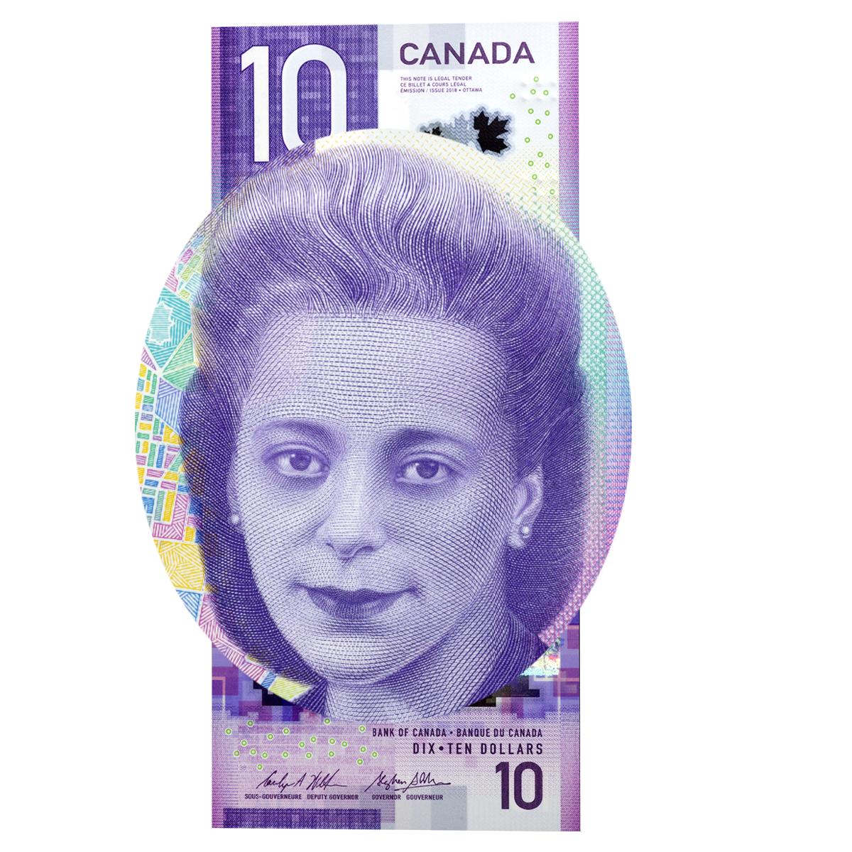 Portrait sur un billet de banque d’une jeune femme noire dont les cheveux foncés sont attachés et remontés sur la tête.