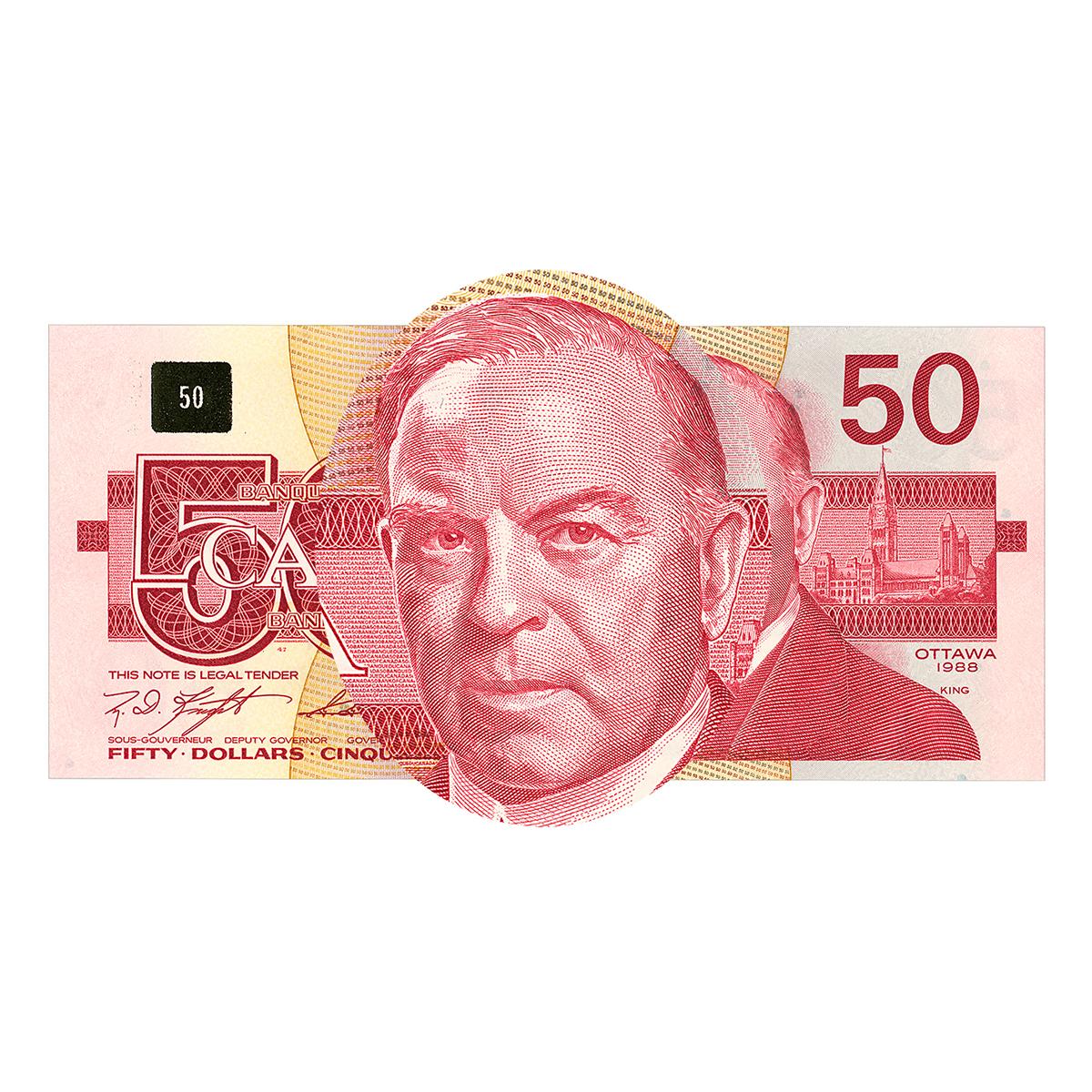 Portrait sur un billet de banque d’un homme presque chauve portant un complet.