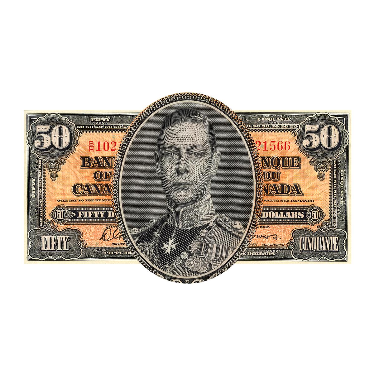 Portrait sur un billet de banque d’un jeune homme en uniforme militaire à col montant et très décoré.