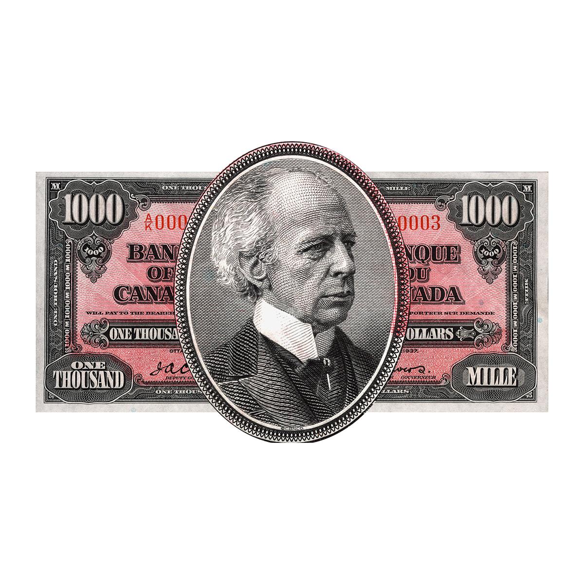 Portrait sur un billet de banque d’un homme aux cheveux ondulés atteint de calvitie et portant un col montant.
