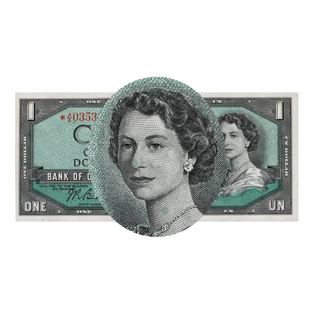 Portrait sur un billet de banque d’une jeune femme aux cheveux ondulés portant un collier de perles.