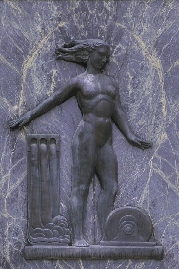 Série de sept images de sculptures de bronze néoclassiques, chacune représentant une figure aux côtés d’objets représentant une industrie.