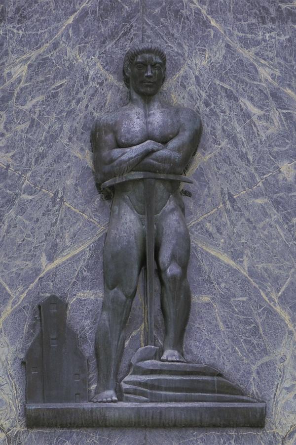 Série de sept images de sculptures de bronze néoclassiques, chacune représentant une figure aux côtés d’objets représentant une industrie.