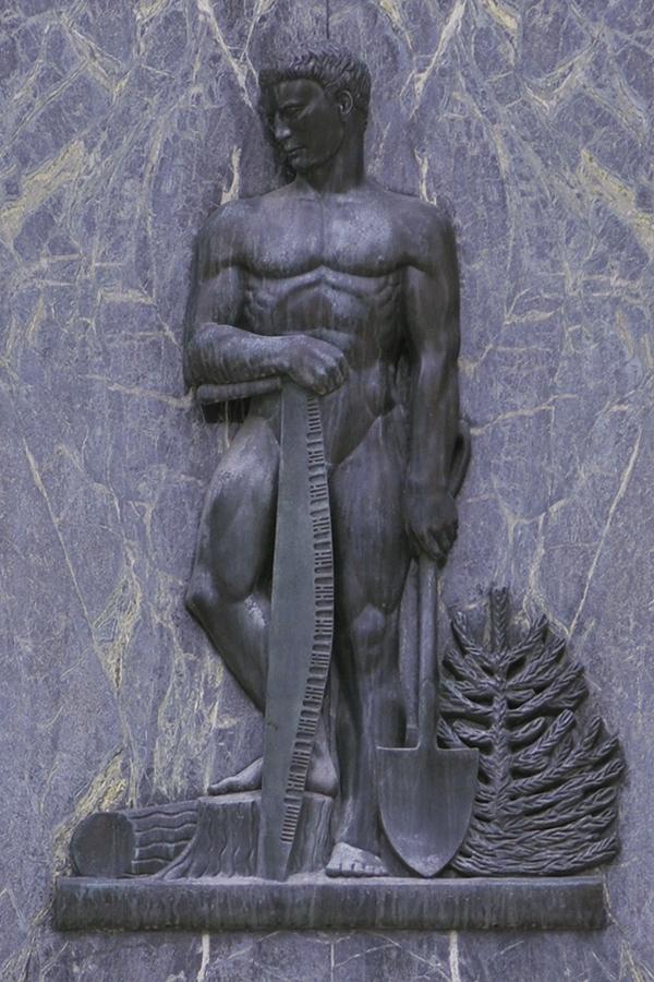 Série de sept images de sculptures de bronze néoclassiques, chacune représentant une figure aux côtés d’objets représentant une industrie.