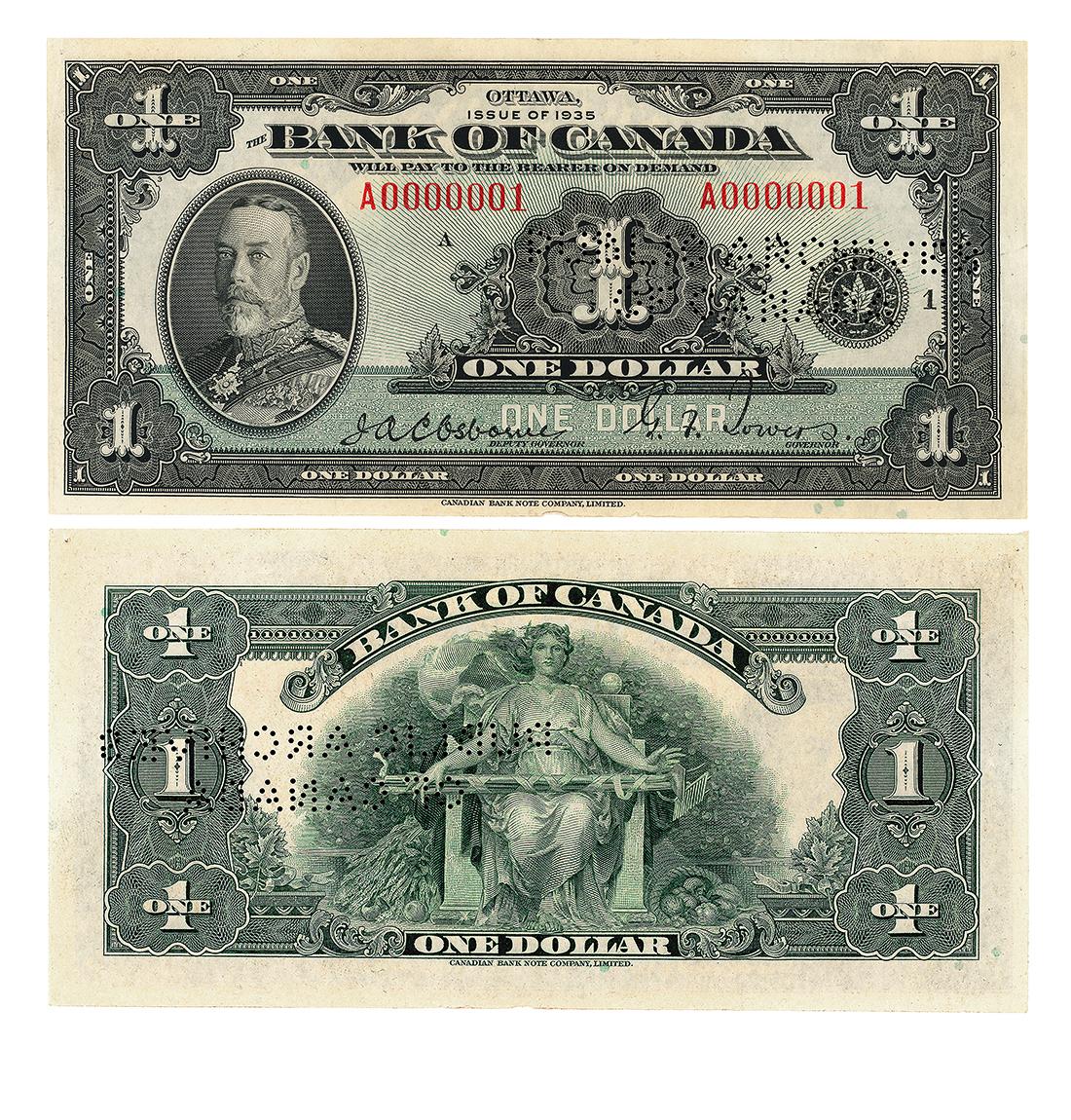 Billet de banque, motifs géométriques complexes; recto, homme à barbe en uniforme militaire; verso, femme en robe avec outils de jardinage.