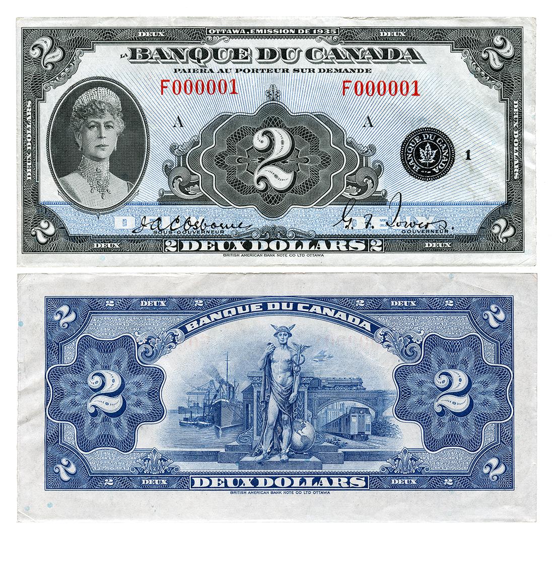 Billet de banque, motifs géométriques complexes; recto, femme, cheveux bouclés gris, couronne de diamants; verso, homme coiffé d’un casque ailé, exemples de moyens de transport.