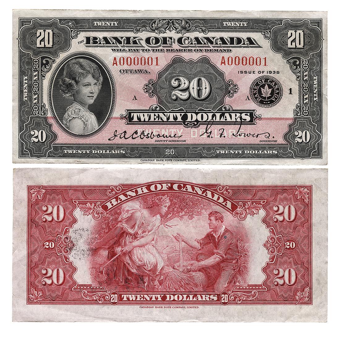 Billet de banque, motifs géométriques complexes; recto, petite fille, cheveux bouclés; verso, femme en robe, fermier qui fait couler du grain de sa main.