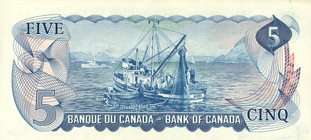 Billet de banque, paysage marin, îles montagneuses, bateau de pêche, équipage sortant un filet de l’eau.