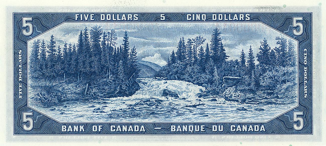 Billet de banque bleu, paysage montagneux, petite chute d’eau bordée de conifères. 