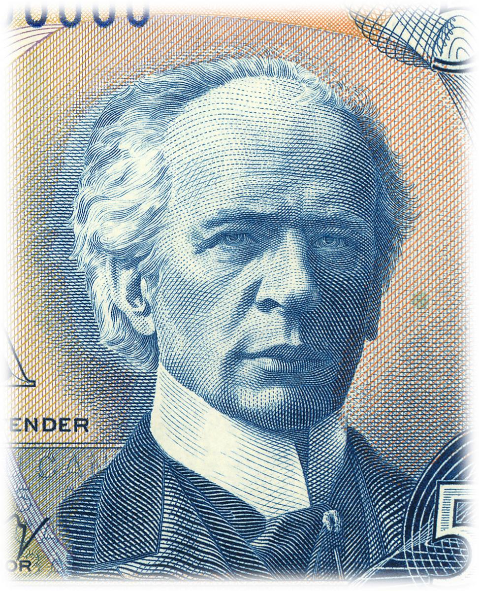 Gravure de billet de banque, homme blanc d’âge mûr, partiellement chauve, portant un col montant : Sir Wilfrid Laurier.