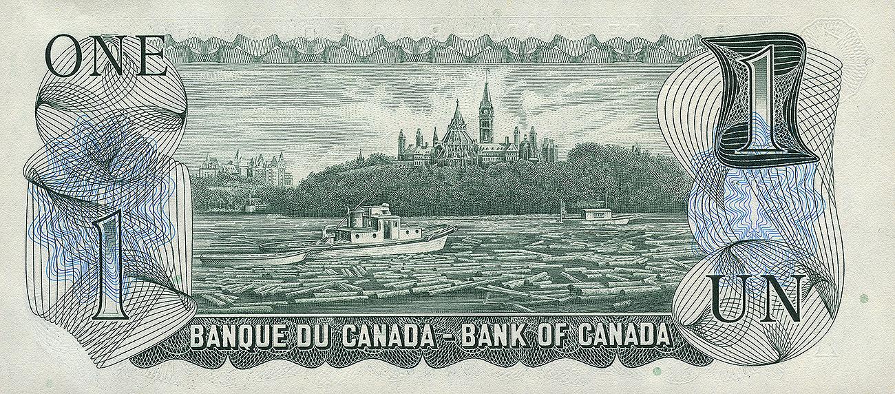 Billet de banque, petit remorqueur sur une rivière couverte de billots, colline boisée et tours en arrière-plan. 