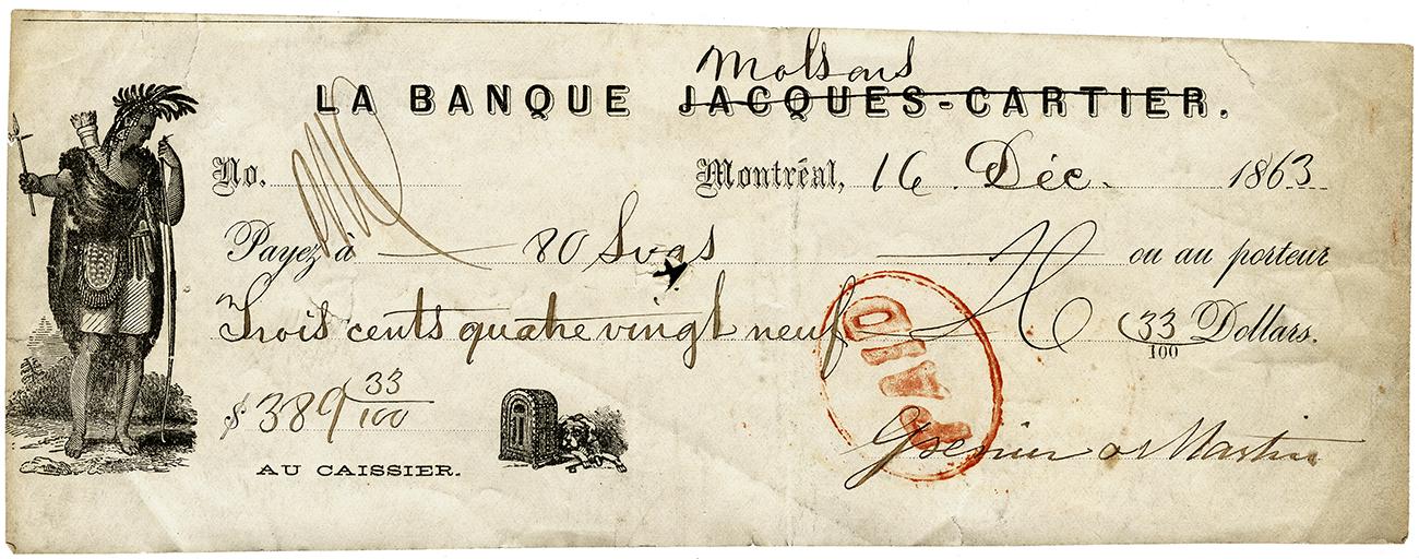 Petit document ancien portant du texte imprimé, de l’écriture manuscrite et le portrait d’un Autochtone.