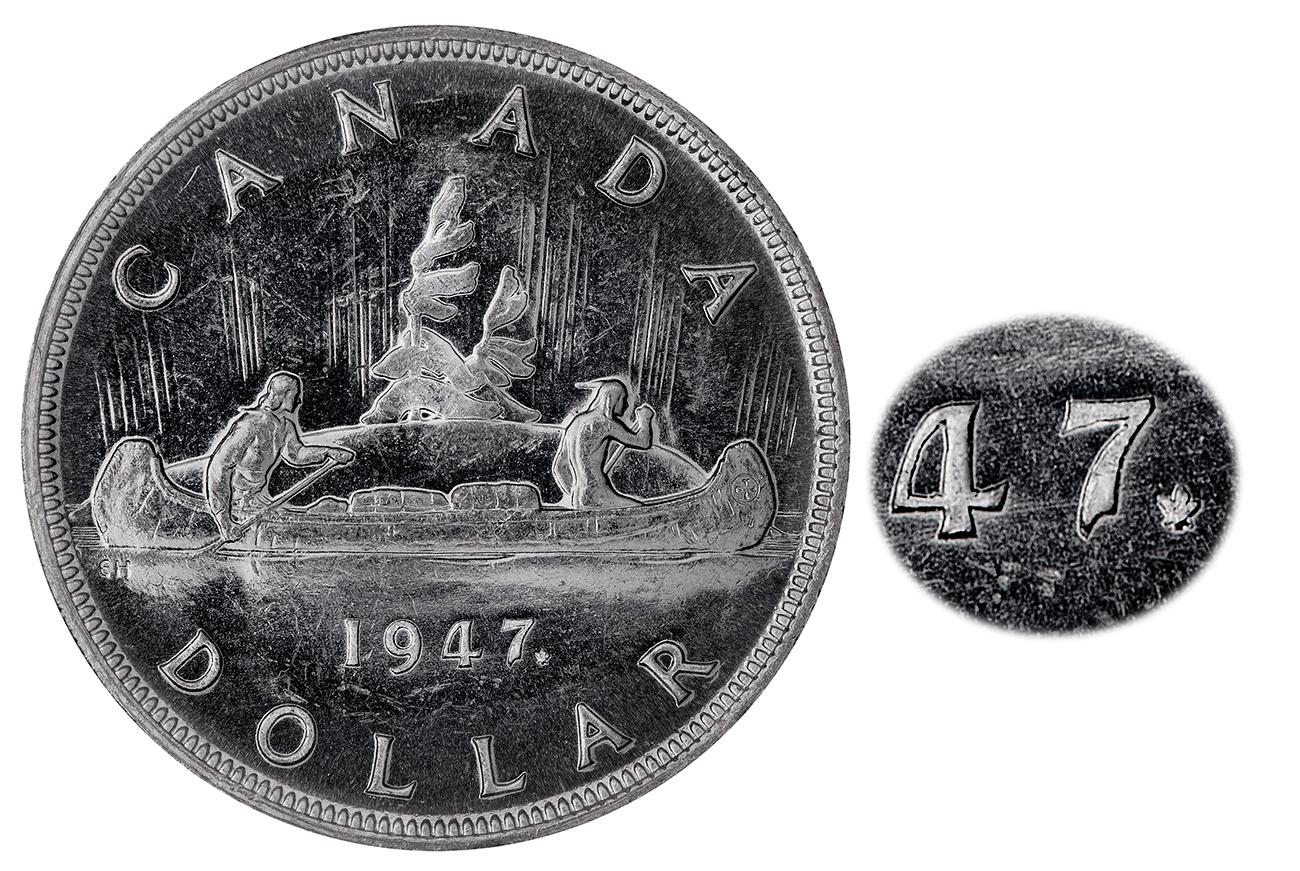 Pièce en argent montrant 2 hommes pagayant en canot et image agrandie d’une feuille d’érable près de la date.