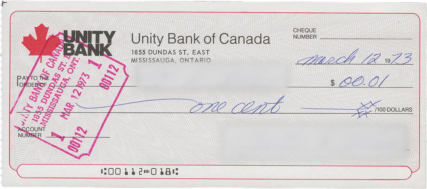 Petit document portant un logo de feuille d’érable rouge et le timbre du banquier à gauche.