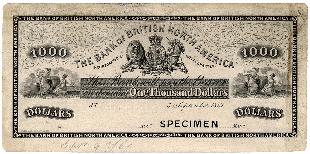 Billet de banque jauni, encre noire, motif de feuilles au-dessus d’armoiries représentant un lion et une licorne.