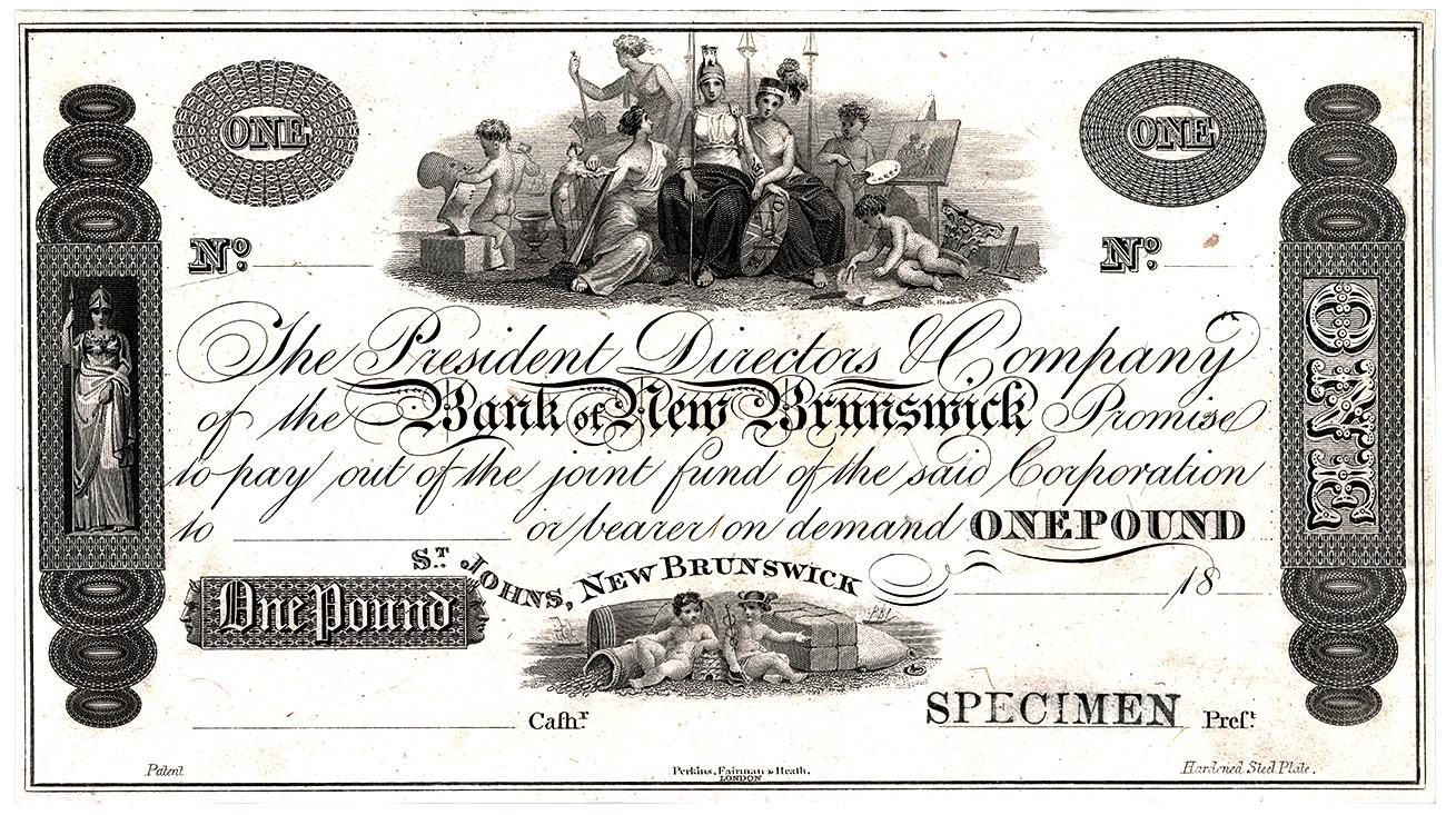 Billet de banque, encre noire sur papier blanc avec écriture et figures allégoriques.