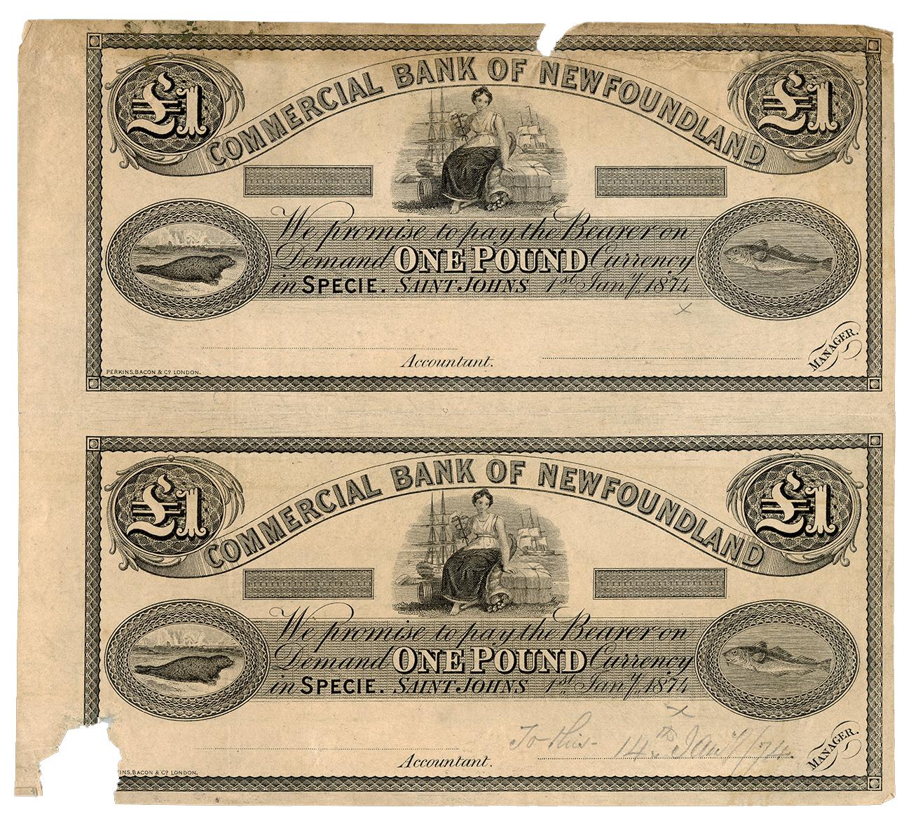 Deux billets sur une même feuille, chacun orné d’un phoque, d’une morue et d’une figure allégorique du commerce.