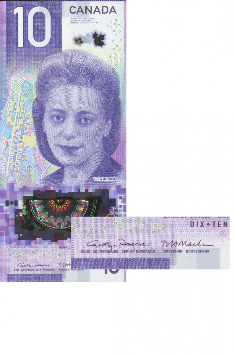 Bank note vertical, young black woman, a map, a window and, inset, two enlarged signatures.