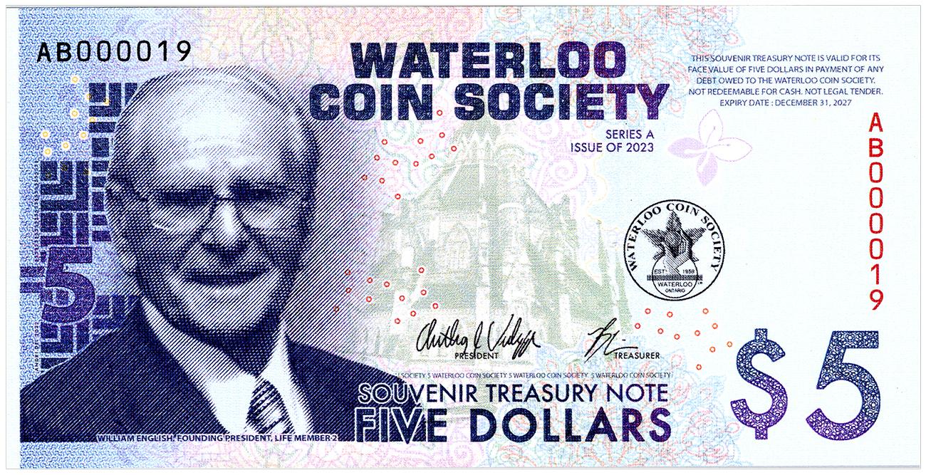 Papier-monnaie, homme blanc d’âge mûr souriant et portant un costume, encre violette.