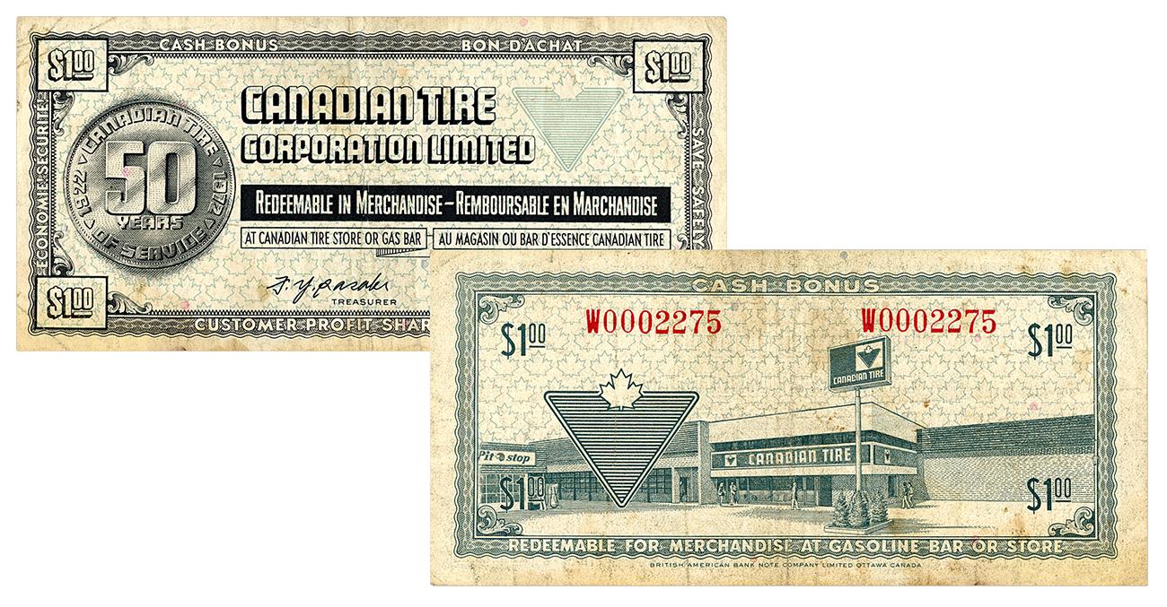 Papier-monnaie, texte imprimé et médaillon avec le chiffre 50 au recto, et image d’un grand magasin au verso.