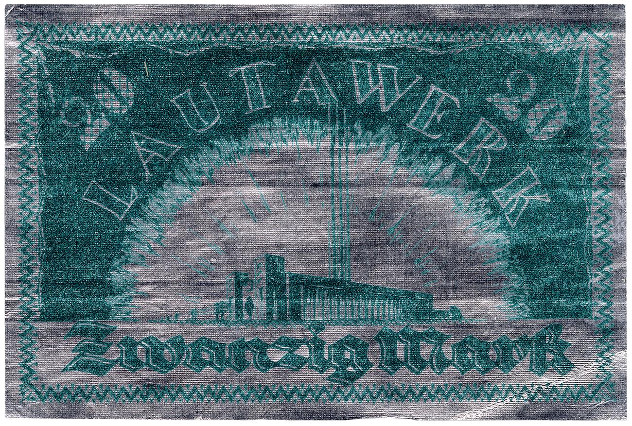 Argent imprimé de couleur argentée et verte, orné d’une usine avec une grande cheminée.