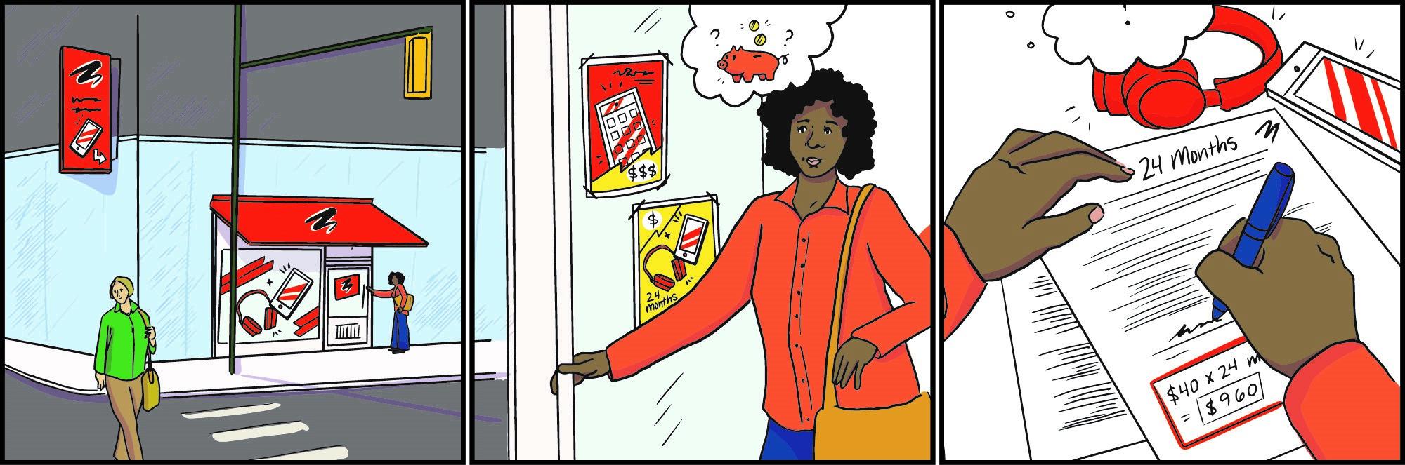 Bande dessinée en trois cases : une jeune femme entre dans une boutique de téléphones cellulaires; elle réfléchit aux économies qu’elle peut faire; elle choisit le produit qui lui permet d’obtenir des écouteurs gratuits.