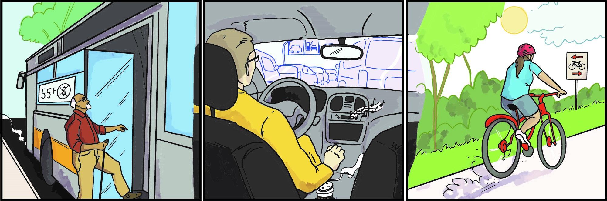 Bande dessinée en trois cases : un homme âgé prend gratuitement l’autobus; un automobiliste est coincé dans un embouteillage; une cycliste roule sur un sentier dans un parc.