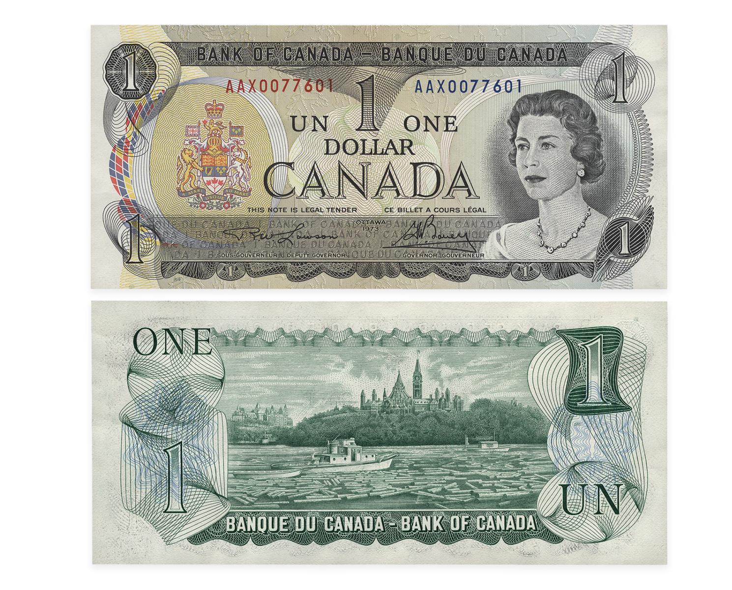 Deux côtés d’un billet de banque montrant une femme d’âge mûr aux cheveux ondulés et portant des perles, la reine Élisabeth II, et, au verso, une rivière couverte de billots flottants.