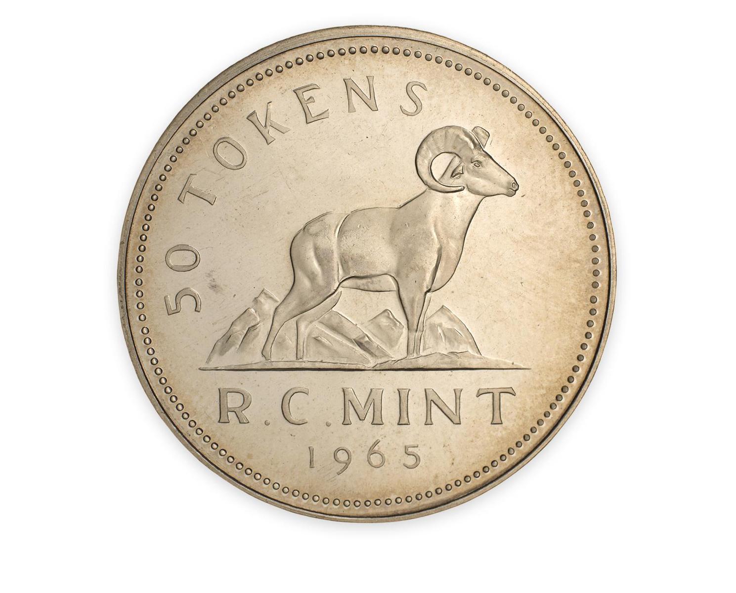 Jeton de couleur argent orné d’un mouflon et portant l’inscription « 50 tokens R.C. Mint ».
