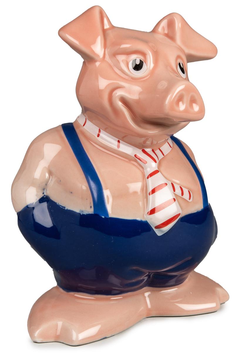 Cochon en céramique portant un pantalon, des bretelles et une cravate.