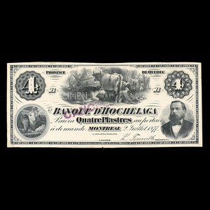 Canada, Banque d'Hochelaga, 4 piastres : 2 juillet 1877