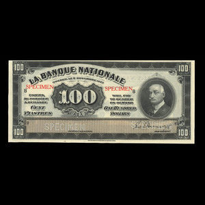 Canada, La Banque Nationale, 100 dollars : 2 novembre 1922