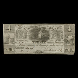 Canada, Agricultural Bank (Toronto), 4 dollars : 1 octobre 1837