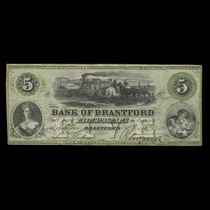 Canada, Bank of Brantford, 5 dollars : 1 novembre 1859
