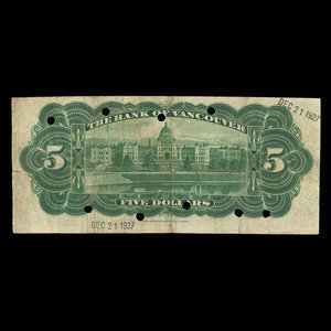 Canada, Bank of Vancouver, 5 dollars : 2 mai 1910