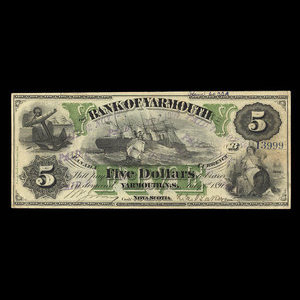 Canada, Bank of Yarmouth, 5 dollars : 7 janvier 1891