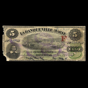 Canada, Banque Ville-Marie, 5 dollars : 2 janvier 1873