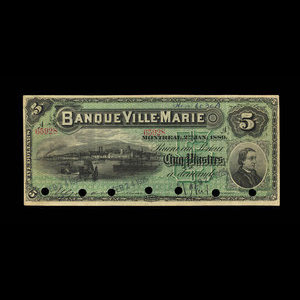Canada, Banque Ville-Marie, 5 dollars : 2 janvier 1889