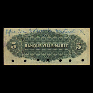 Canada, Banque Ville-Marie, 5 dollars : 2 janvier 1889