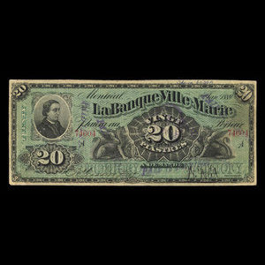 Canada, Banque Ville-Marie, 20 dollars : 2 janvier 1889