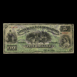 Canada, Commercial Bank of Manitoba, 5 dollars : 1 mai 1885