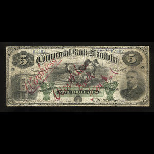 Canada, Commercial Bank of Manitoba, 5 dollars : 2 janvier 1891