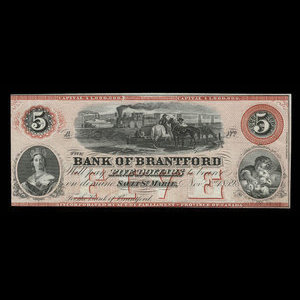 Canada, Bank of Brantford, 5 dollars : 1 novembre 1859