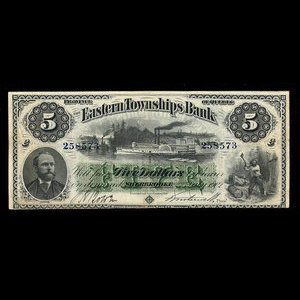 Canada, Eastern Townships Bank, 5 dollars : 2 juillet 1902