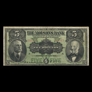Canada, Molsons Bank, 5 dollars : 2 juillet 1918