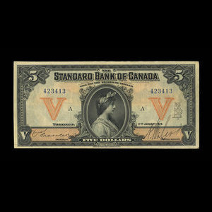 Canada, Standard Bank of Canada, 5 dollars : 2 janvier 1919