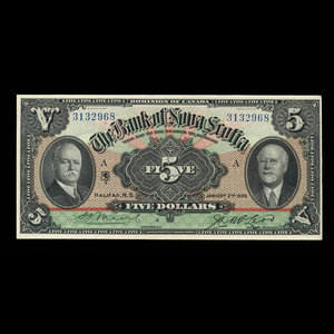 Canada, Banque Nouvelle-Écosse, 5 dollars : 2 janvier 1929