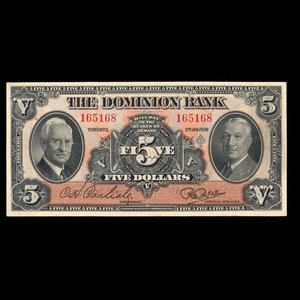 Canada, Dominion Bank, 5 dollars : 3 janvier 1938
